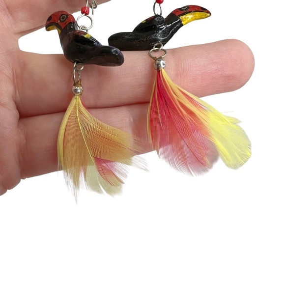 Toucan Tropical Bird & Feather Wooden Pierced Earrings - Picture 3 of 6